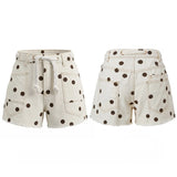 Women's Summer Denim Shorts with Pockets Casual Stylish Dot Print Mid Rise Tie-up Belted Wide Leg Jean Shorts