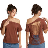 Women's Ripped Backless T-shirt Off Shoulder Short Sleeve Loose Fit Tee Tops Solid Color Shirts for Party Club Gothic Summer