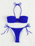 Halter Tie Side Pleated Smocked Bikini Women Bandeau Swimsuit Female Swimwear Two Pieces Bikini Set Bathing Suit Swim Beach Wear