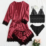 Sexy Women Home Dressing Gown Lingerie Lace Patchwork Satin Robe Set Nightwear Casual Sleepwear Kimono Bathrobe Home Nightdress