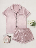 Summer Silk Satin Pajamas Set Womens Short Sleeve Turn-down Collar Button Top & Shorts Sleepwear Loungewear Nightwear