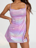 Women Sleeveless Backless Party Club Dress Solid Color Shiny Spaghetti Strap Mini Dress for Cocktail Nightclub Beach