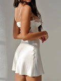 Women Summer Mini Dress Spaghetti Strap Lace Trim Corset Backless Satin Dress Retro Sexy Elegant Club Dresses Female