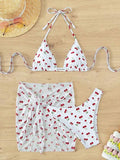 With Mesh Skirt Cherry Printed Bikini Female Swimsuit Women Swimwear Three Pieces Bikini Set Halter Bathing Suit Swim Beachwear