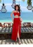 2025 Korean Swimsuit Women Sexy Bikini Red Split Long Skirt Swimsuit Women Halter 3D Flower Push Up Holiday 3 Piece Swimwear
