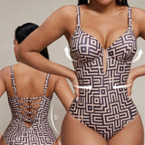 S - XL Printed Underwired V Neck Women Swimwear One Piece Swimsuit Female Lace Up High Leg Cut Bather Bathing Suit Swim V7552