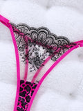 Sweet and cool leopard print patchwork lace lingerie set - Hot girl style mesh embroidered half-cup bra thong set ZA825120