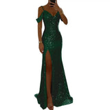 Women Evening Dress Off Shoulder V Neck Side Slit Floor Length Sequin Ball Gown Sleeveless Prom Wedding Party Banquet Maxi Dress
