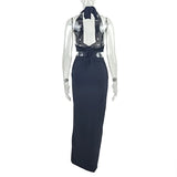 Streetwear Halter Neck Slim Long Dresses Women Sexy Hot Girls Deep V-neck Backless Leace-up Package Hip Bodycon Party Dress