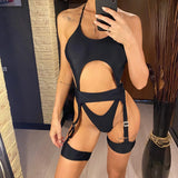 Sexy Tummy Cut Out Halter With Garter One Piece Swimsuit Women Swimwear Female High Leg Cut Bather Bathing Suit Swim Lady V4415