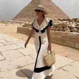 Women's Contrast Color V-Neck Ruffle Top And Skirt Women White Ruffle Trim Crop Top Skirt Casual Summer Outfit Pure Desire 0U19