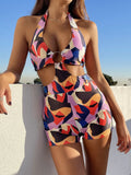 2 Colors Sexy One Piece Swimsuit Swimwear Women Black Leopard Colorful Print High Waist Halter Bathing Suit Beachwear Metal Hoop