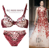 MOYISU Pure Desire Victoria Thin Bra Set Lace Mesh Red Beautiful Back Sex Underwear Hold Up with Underwire Transparent Bra Woman