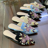 2026 Big Size 43 Summer Women's Blue Mules Slipper Sandals with Silk Flowers Embroidery Comfy Walking Slide Flat Satin Shoes