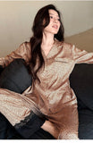 2026 Pajamas for Women Ice Silk Sexy Lace Small Leopard Print Long Sleeve Home Clothes Pajamas Set Can Be Weared Outside