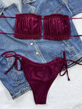 3 Colors Sexy Bikini Bandeau Women Swimwear Swimsuit Pleated Lettuce Trim Hollow Knotted Bikinis Set Bathing Suit Beach Bikini