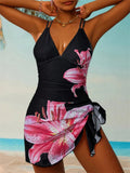 Vintage Yellow Lily Floral Print One Piece Swimsuit Women Double Strap V Neck Holiday Slim Tummy Control Skirt Swimwear Set 2026