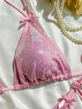 Shiny Pink Bikini 2025 Women Sexy Brozing Tie Bow Strap Push Up Micro Swimsuit Brazilian Bathing Suit Tie Side Triangle Swimwear