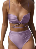 V Neck Wrinkled Stain Bikinis Female Swimsuit High Waist Bikini Women Swimwear Two-pieces Bikini Set Bather Bathing Suit Swim