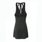 V Neck French Style Summer Women Dress Printed Boho Short Black Beach Dress Party Vintage Backless Tie Up Sexy Halter Dress 2025