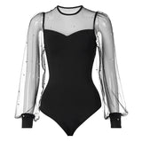 Women Pearl Mesh Puff Sleeve Bodysuit 2024 Fashion Long Sleeve Vintage Body Top Summer Fall Elegant Sexy Blouse Shirts Female