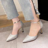 ZOKI Bling Gold Silver Women's Pumps 2024 Sexy Point Toe Thin Heel Party Wedding Shoes Woman Summer Ankle Strap High Heels Shoes