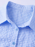 Women Plaid Shirts Button Down Puff Short Sleeve Lapel Neck Tops Fashion Slim Fit Ruffle Trim Blouses Summer