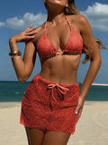 3PCS With Hollow Out Skirt Halter Bikini Female Swimsuit Women Swimwear Three-pieces Bikini Set Bather Bathing Suit Swim V6451