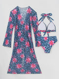 Blue Leopard Print Bikini Set Large Size Women Front Tie Push Up High Waist Swimsuit 2026 Long Sleeve Cover Up 3 Piece Swimsuit