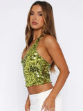 Sexy Solid Green Sequins Crop Tops Women 2026 Summer Halter Neck Lace-up Shiny Corset Vacation Camisole Top Night Club Outfit