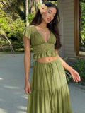 FDYOUI Sexy V-neck Lace Patchwork T-shirt Tops+Long Skirt 2 Piece Set Women's Summer Green Holiday Party Dress Suit Streetwear