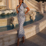 FDYOUI V-neck Short Sleeve Single Breasted Ruffles Blouse Tops+Mermaid Skirts Suits Elegant Floral Print Midi Dress 2 Piece Set