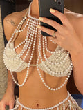 Luxury Pearls Halter Hollow Out See Through Bikini Top Female Swimsuit Women Swimwear Bather Bathing Suit Swim Beach Top V5409