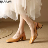 NASBAVI Slingback Sandals Summer Shoes Elegant Pink Black Nude Medium Heels Pumps Close Toe Office Party Shoe Female Large Size
