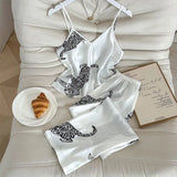 Women Sleepwear Summer Ice Silk Stain Comfortable 2pcs Pajamas Set V Neck Leopard Print Tops and Long Pants Loungewear