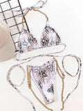 2026 Sexy Bikini Women Snakeskin Print Cross Bandage Halter Chain Strap Swimwear Swimsuit Female Beach Bikinis Set Bathing Suit