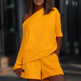 2 Pcs/Set Women Tracksuit One-shoulder Short Pants Solid Color Leisure Summer Top Set