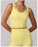 Sexy Fake Two-piece Yoga Tank Top Naked Feel Lace Trim V Neck High Stretch with Bra Pads Gym Running Fitness Dance Tank Top