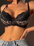 Super Sexy Leopard Print Single Piece Woman Underwear With Black Lace Patchwork Leopard Print Design Push Up Bra B6041