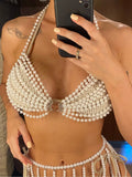 Luxury Pearls Halter Hollow Out See Through Bikini Top Female Swimsuit Women Swimwear Bather Bathing Suit Swim Beach Top V5409