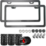 Black Carbon Fiber Pattern Plastic License Plate Frame Fiber Black Aluminum Metal Car Tag Holder Tire Screw Cap Universal Amagi