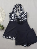 Vintage Black Flower Print Skirt Bikini Set 2026 Front Bow Crop Top Bathing Suit Swimwear Women's High Waist Swimsuit Tankini