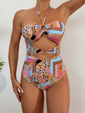 2026 Halter Hollow Swimsuit One Piece Sexy Print Ring Link Swimwear Women Bathing Swimming Swim Suit Padded Beachwear Summer XXL