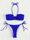 Halter Tie Side Pleated Smocked Bikini Women Bandeau Swimsuit Female Swimwear Two Pieces Bikini Set Bathing Suit Swim Beach Wear