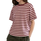 Striped Print Summer T-shirt for Women Loose Casual Contrast Short Sleeve Round Neck Basic Tops