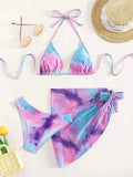 With Mesh Skirt Sarong Tie Dye Micro Bikini Women Swimsuit Female Swimwear Three Pieces Bikini Set Bathing Suit Swim Beachwear