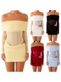 Women Mini Off Shoulder Slim Ruched Solid Color Party Club Dresses Cut Out Long Sleeve Backless Short Mesh Bodycon Dress