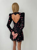 Ahagaga Elegant Women's Mini Dresses Print Heart-shaped Cutout Slim Fit A-Line Regualr Long Sleeves Trend O-Neck Lace Patchwork