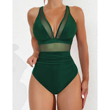 S - XL New Sexy Mesh Sheer V Neck Women Swimwear One Piece Swimsuit Female High Leg Cut Monokini Bather Bathing Suit Swim V5136