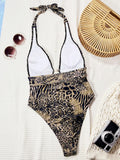 Tiger Printed Halter Deep V Neck One Piece Swimsuit Women Swimwear Female Backless Monokini High Cut Bathing Suit Swim Bodysuit